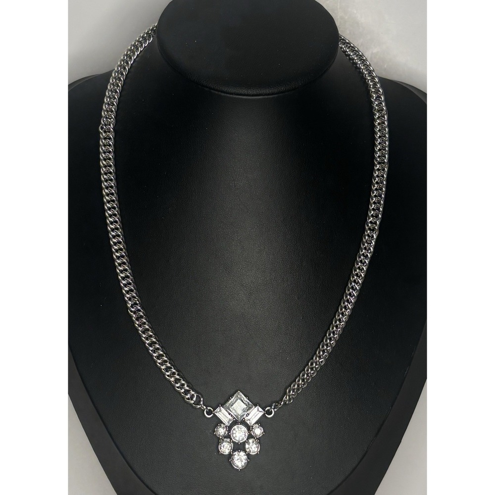 Vintage Art Deco Style Rhinestone Pendant Necklace With Silver Tone Chain 21"